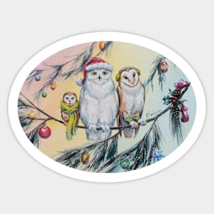 Owl Trio and Christmas Baubles in Fir Trees Sticker